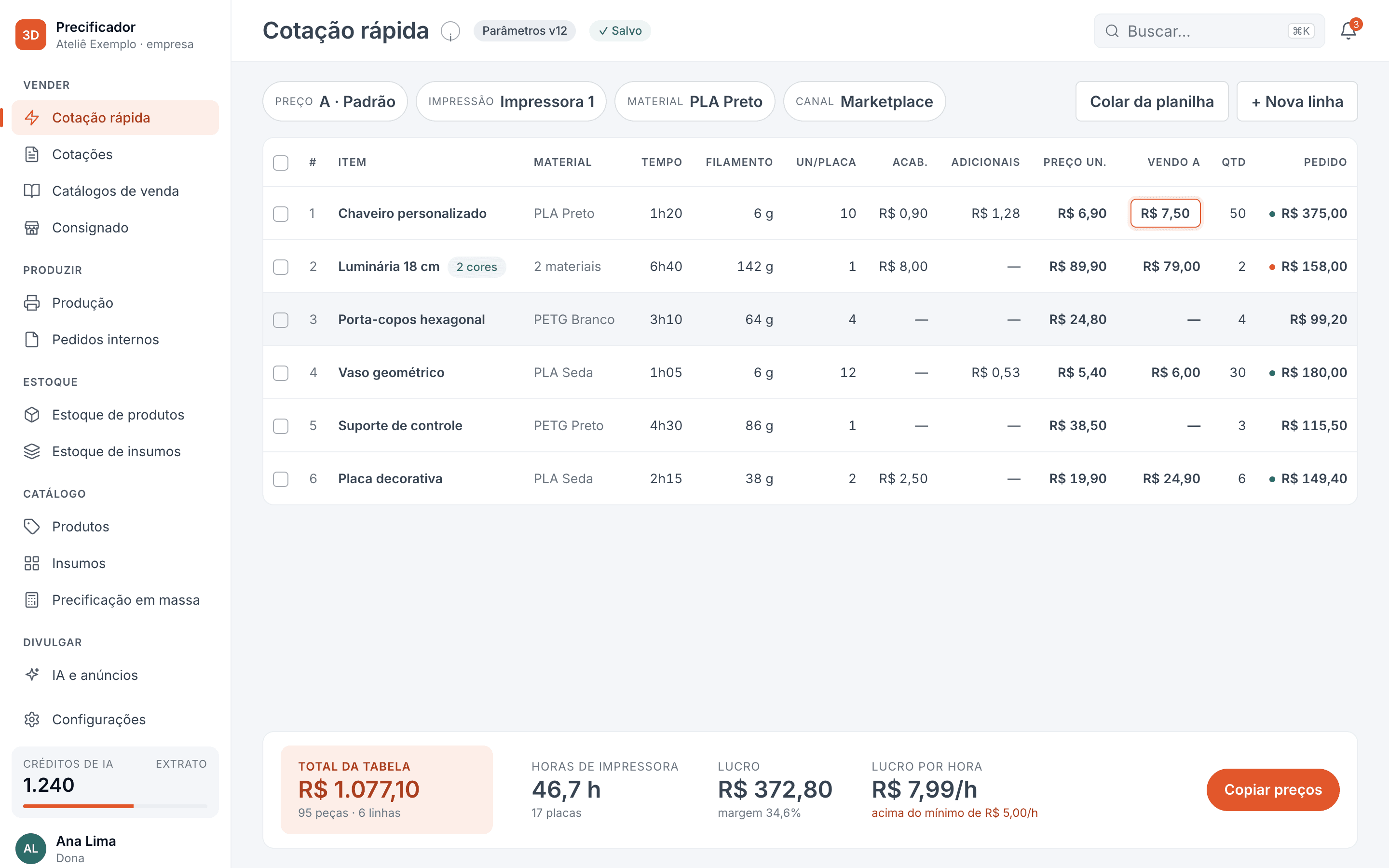 Tela Cotação rápida do app, com seis itens, preço por unidade e total da tabela