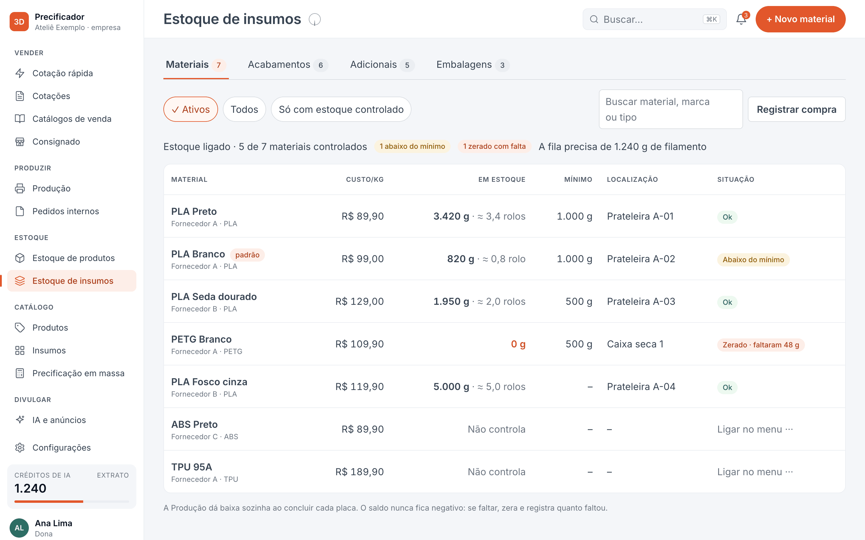 Tela Estoque de insumos do app, com saldo, mínimo e localização de cada material