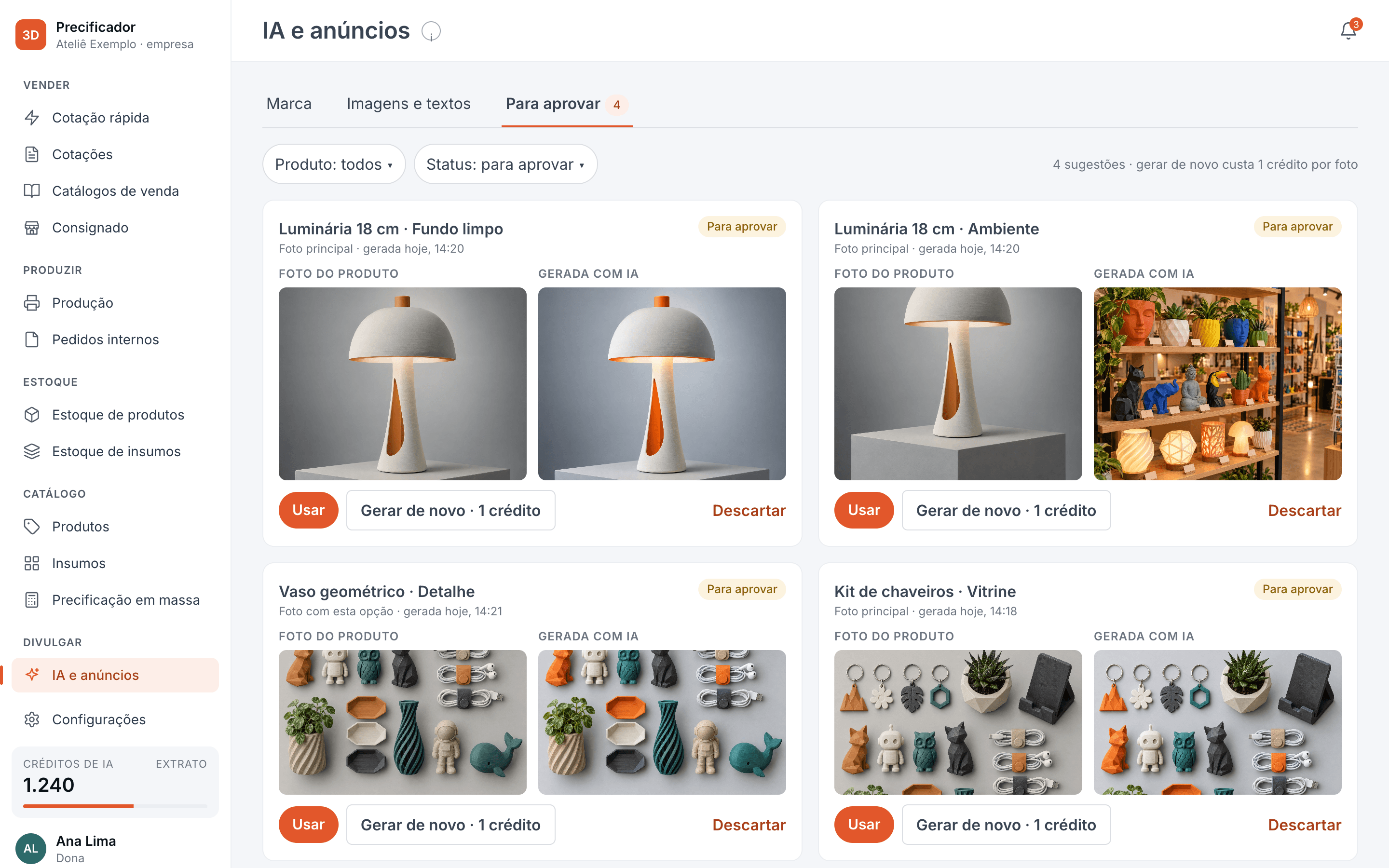 Tela IA e anúncios do app, com fotos geradas aguardando aprovação