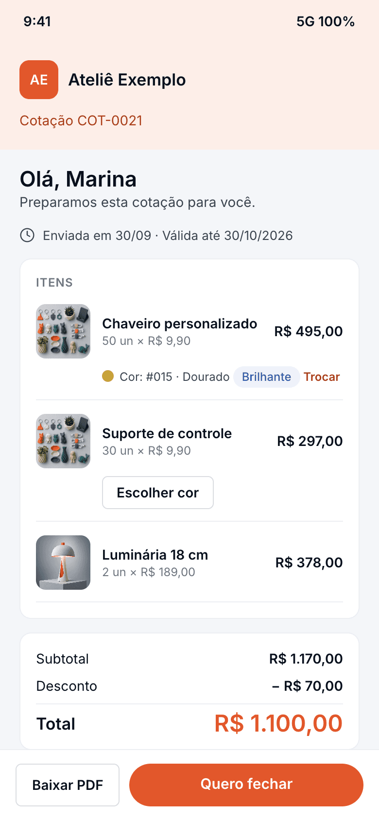 Cotação aberta no celular do cliente, com itens, cor escolhida e total