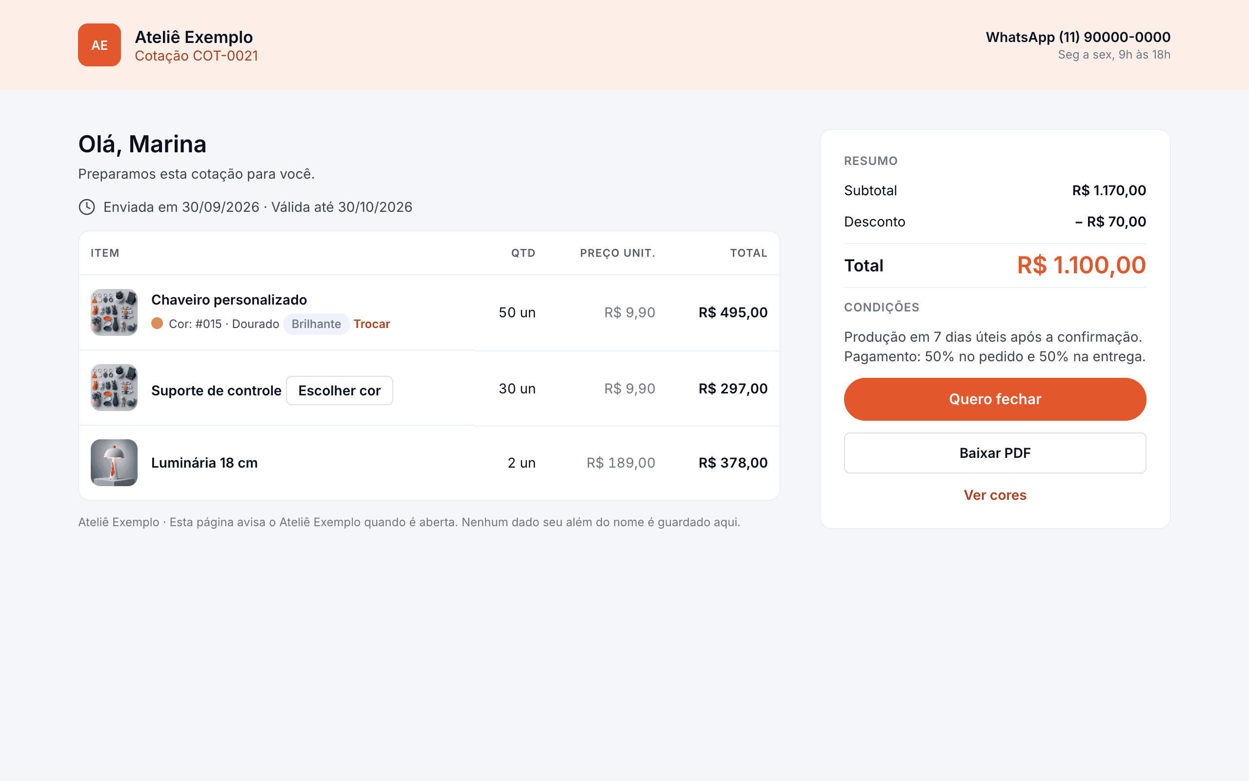 Página da cotação que o cliente recebe por link, com itens, total e o botão Quero fechar
