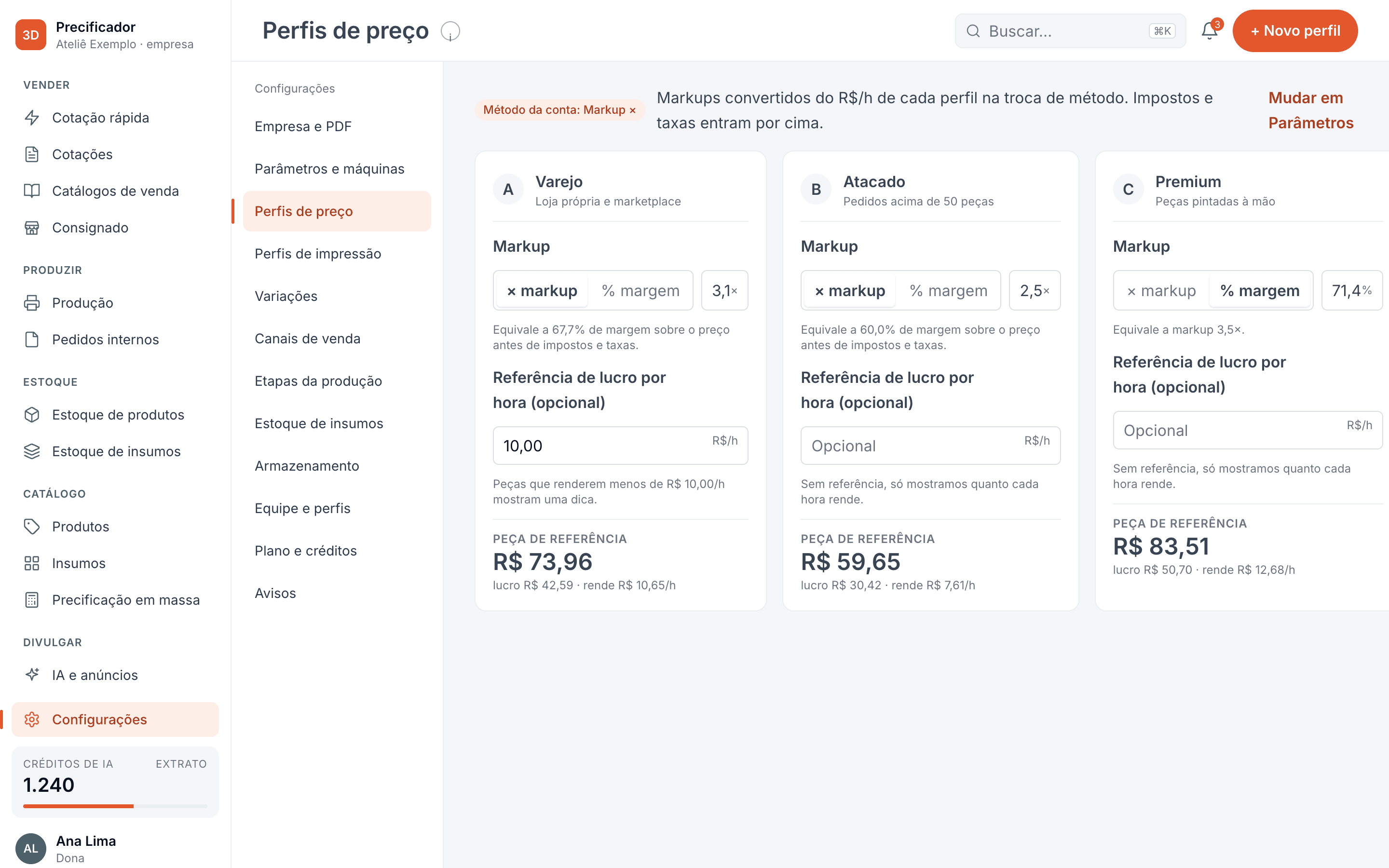 Tela Perfis de preço do app, com os perfis Varejo, Atacado e Premium