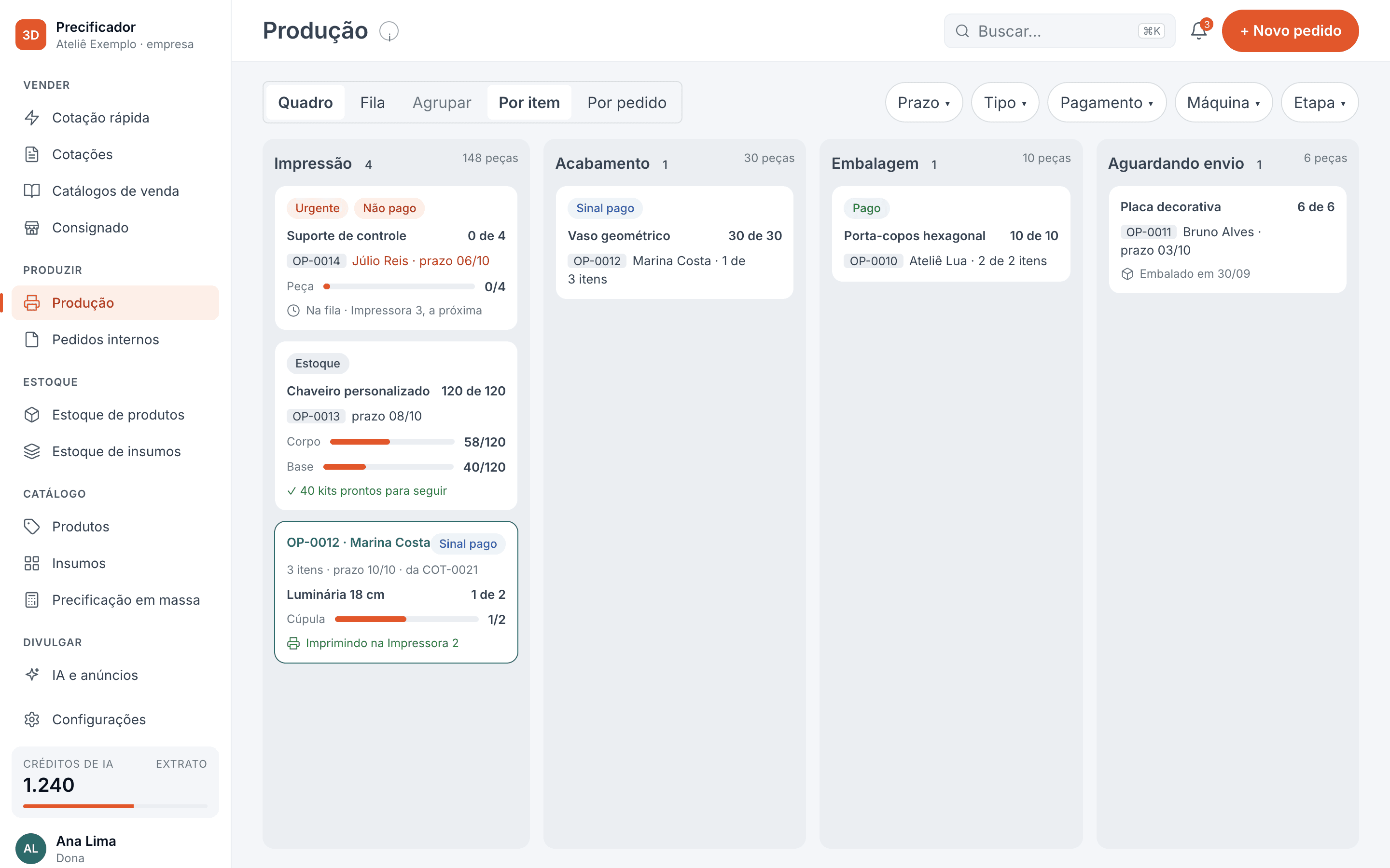 Quadro de produção do app com as etapas Impressão, Acabamento, Embalagem e Aguardando envio